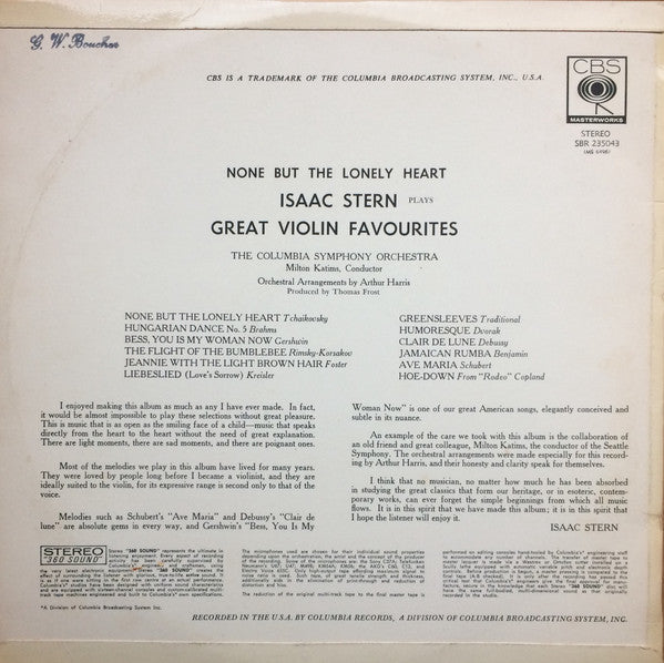 Isaac Stern : None But The Lonely Heart - Isaac Stern Plays Great Violin Favorites (LP, Album, Ste)