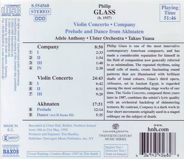 Philip Glass - Adele Anthony, Ulster Orchestra, Takuo Yuasa : Violin Concerto • Prelude And Dance From Akhnaten • Company (CD, Album)