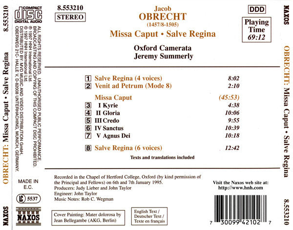 Jacob Obrecht - Oxford Camerata, Jeremy Summerly : Missa Caput • Salve Regina (CD, Album, RE)