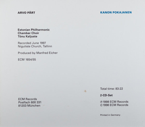 Arvo Pärt : Kanon Pokajanen (2xCD, Album)