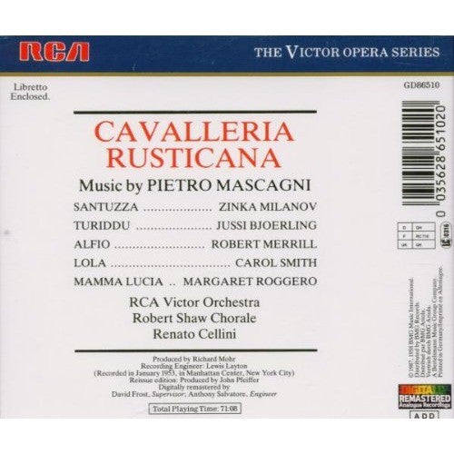 Mascagni* - Zinka Milanov, Jussi Björling, Robert Merrill, RCA Victor Orchestra*, Robert Shaw Chorale*, Renato Cellini : Cavalleria Rusticana (CD, Album, Mono, RE, RM)