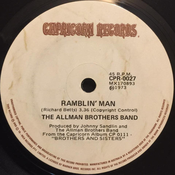 The Allman Brothers Band : Ramblin' Man / Pony Boy (7", Single)