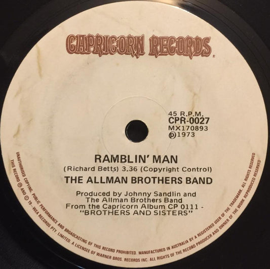 The Allman Brothers Band : Ramblin' Man / Pony Boy (7", Single)