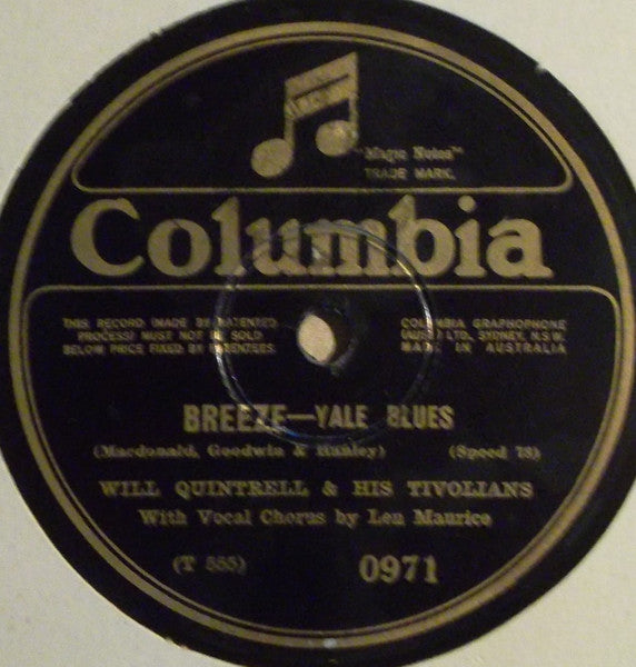 Will Quintrell & His Tivolians : Breeze / Lady Moon (Shellac, 10")
