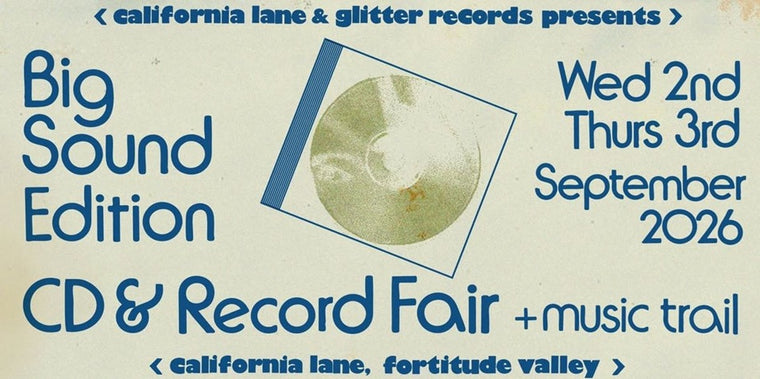 Poster artwork for the BIGSOUND partner event in California Lane CD & Record Fair, September 2026 — original design with analogue colour gradients, minimalist geometric shapes, and retro electronic typography. Presented by Glitter Records. Artwork printed and designed by No. 7 Print House. Inspired by 1970s German electronic music.