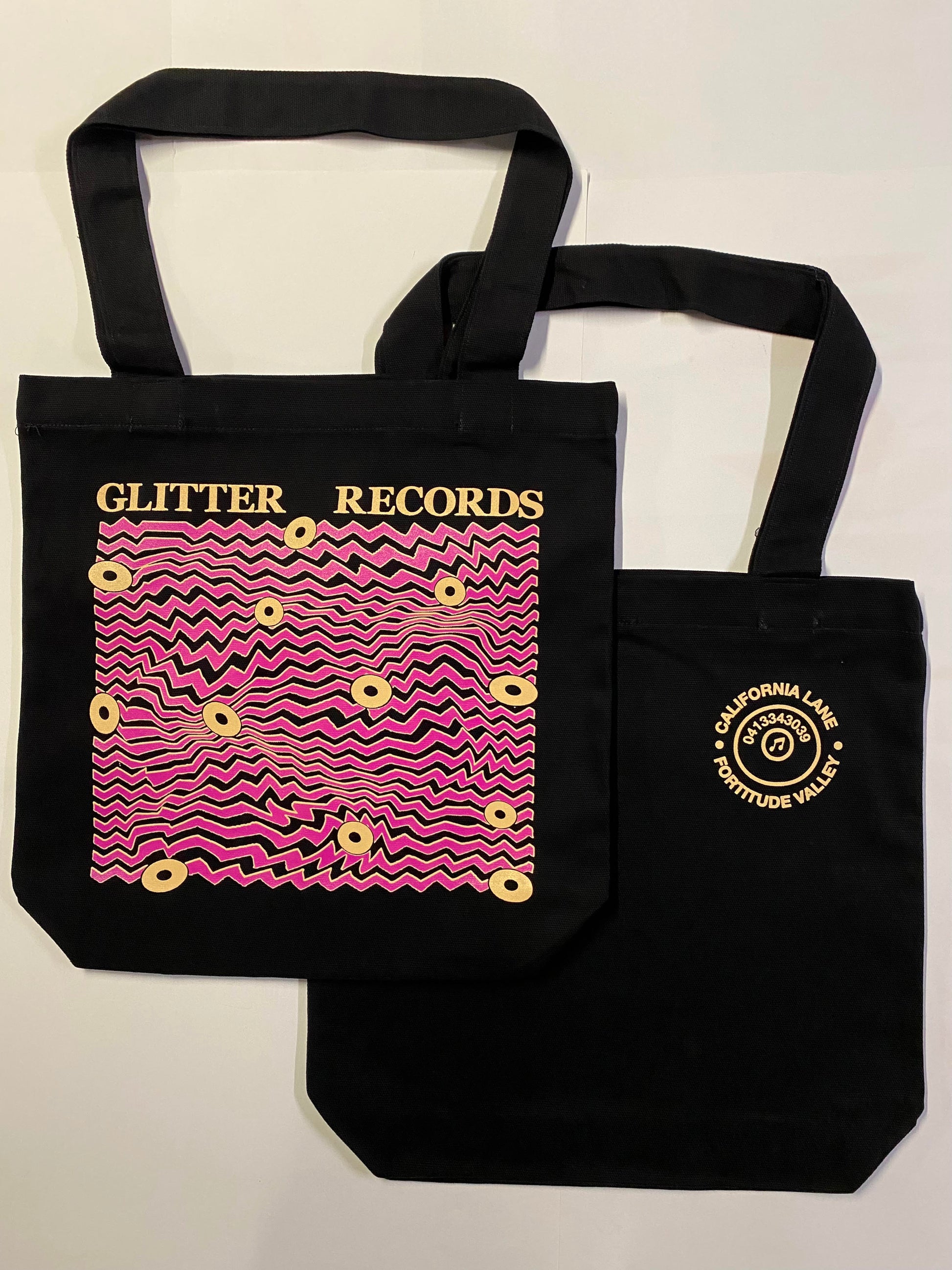 Pink 2026 Glitter Records × No.7 Print House Australian record store tote bag. Hand‑printed in Brisbane on heavy‑grade cotton. Limited run of 25.