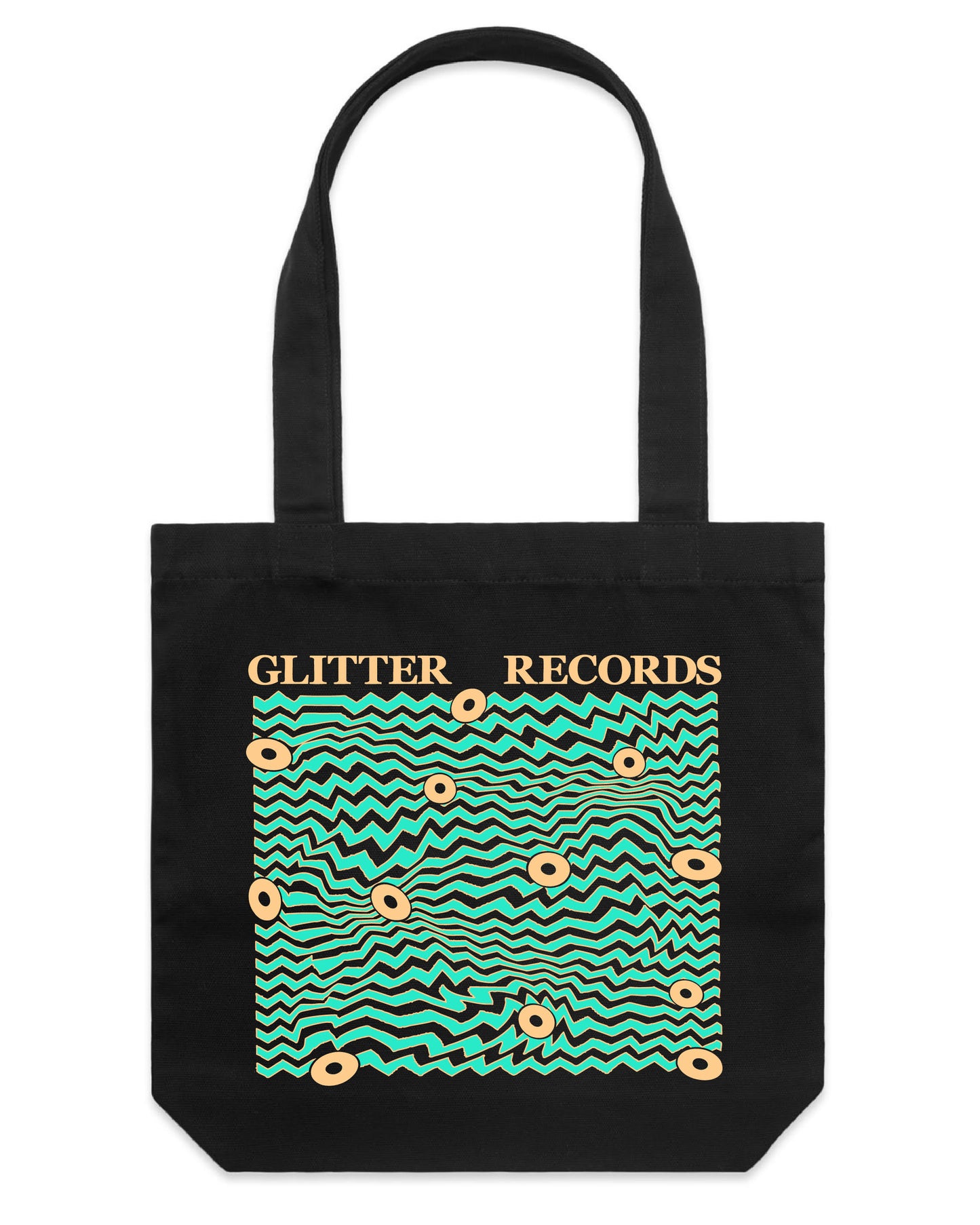 “Electric Teal Glitter Records × No.7 Print House 2026 tote bag, hand‑printed in Brisbane on heavy‑grade cotton with minimal design.”