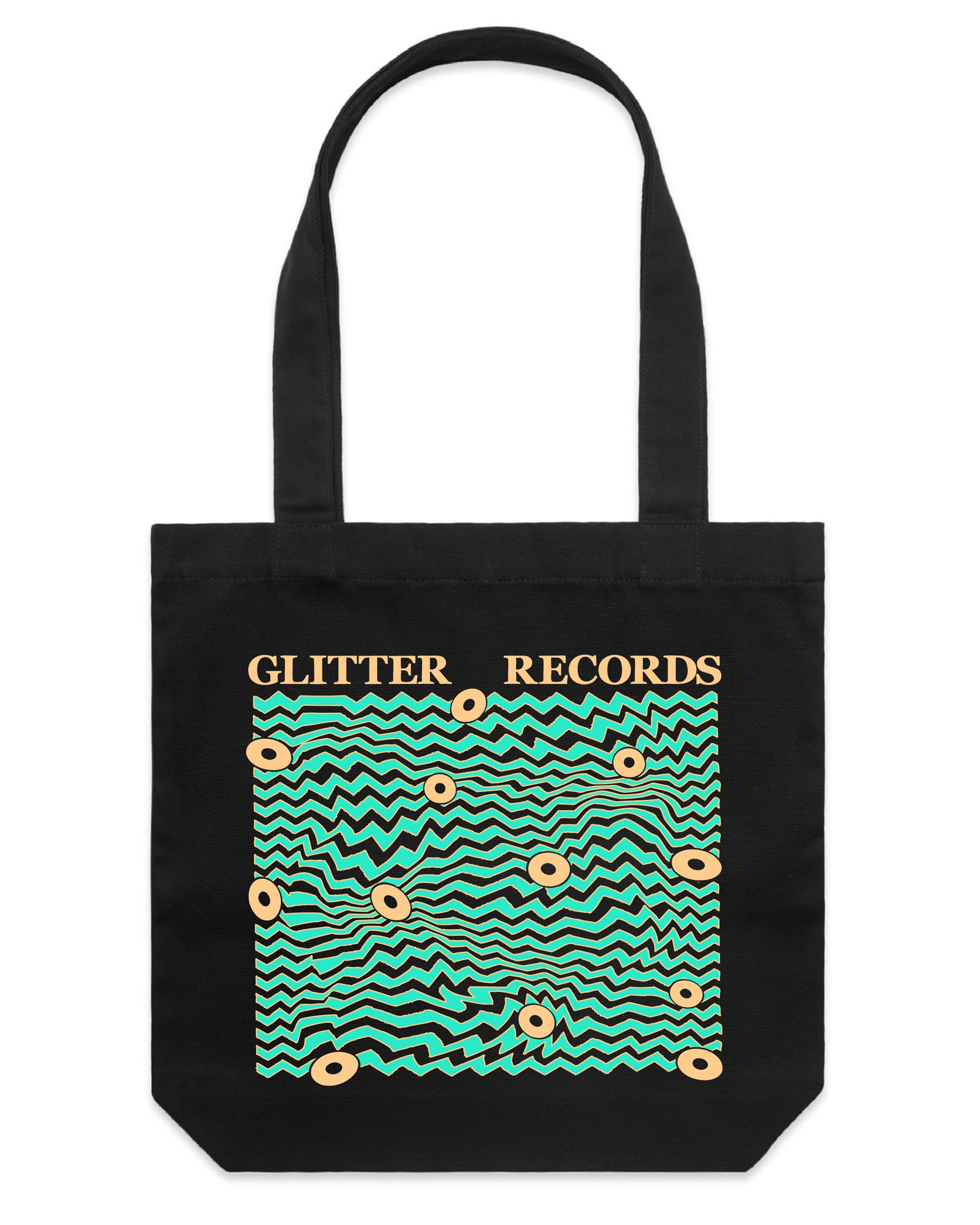 “Electric Teal Glitter Records × No.7 Print House 2026 tote bag, hand‑printed in Brisbane on heavy‑grade cotton with minimal design.”