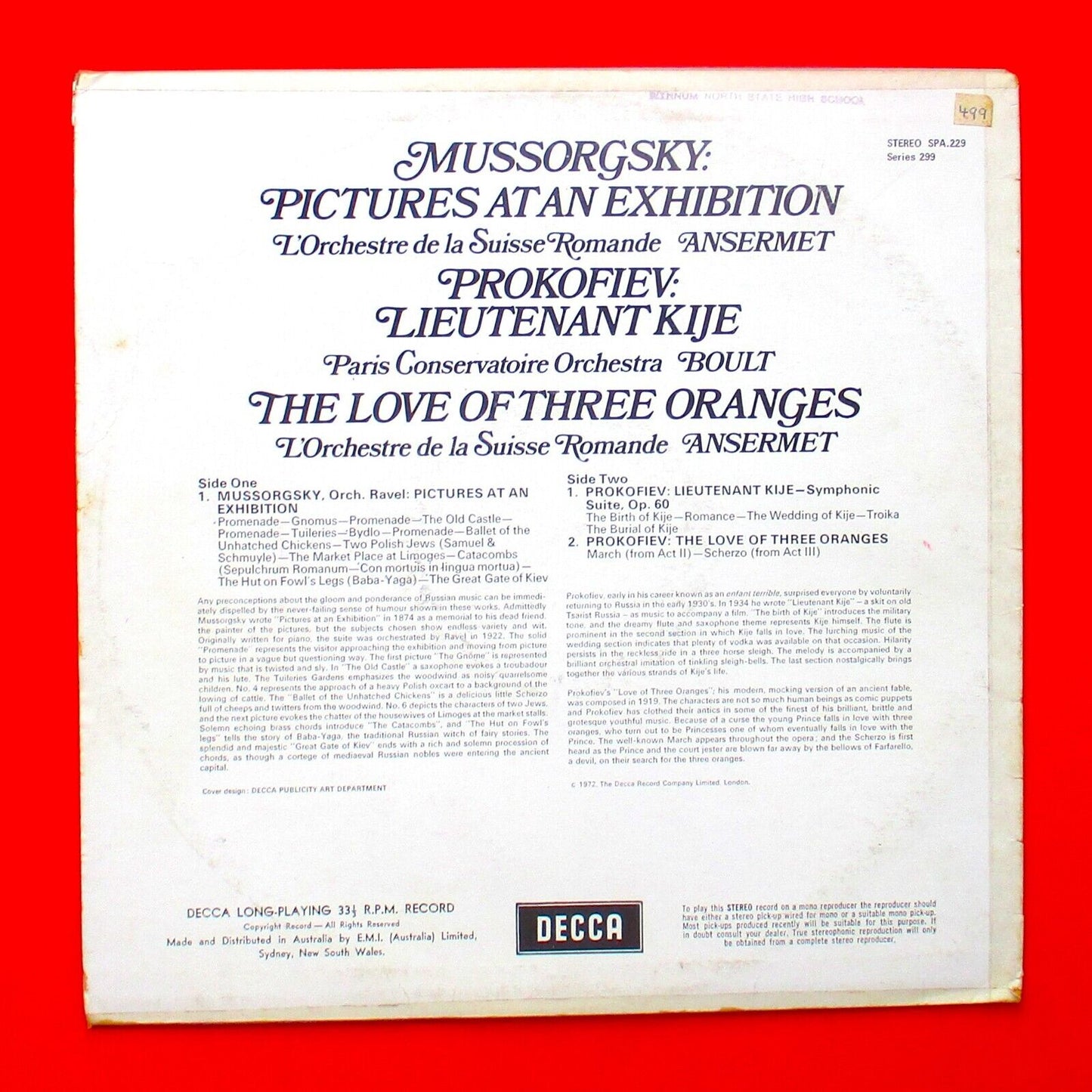 Mussorgsky Prokofiev Pictures At An Exhibition Lt. Kije The Love Of 3 Oranges LP