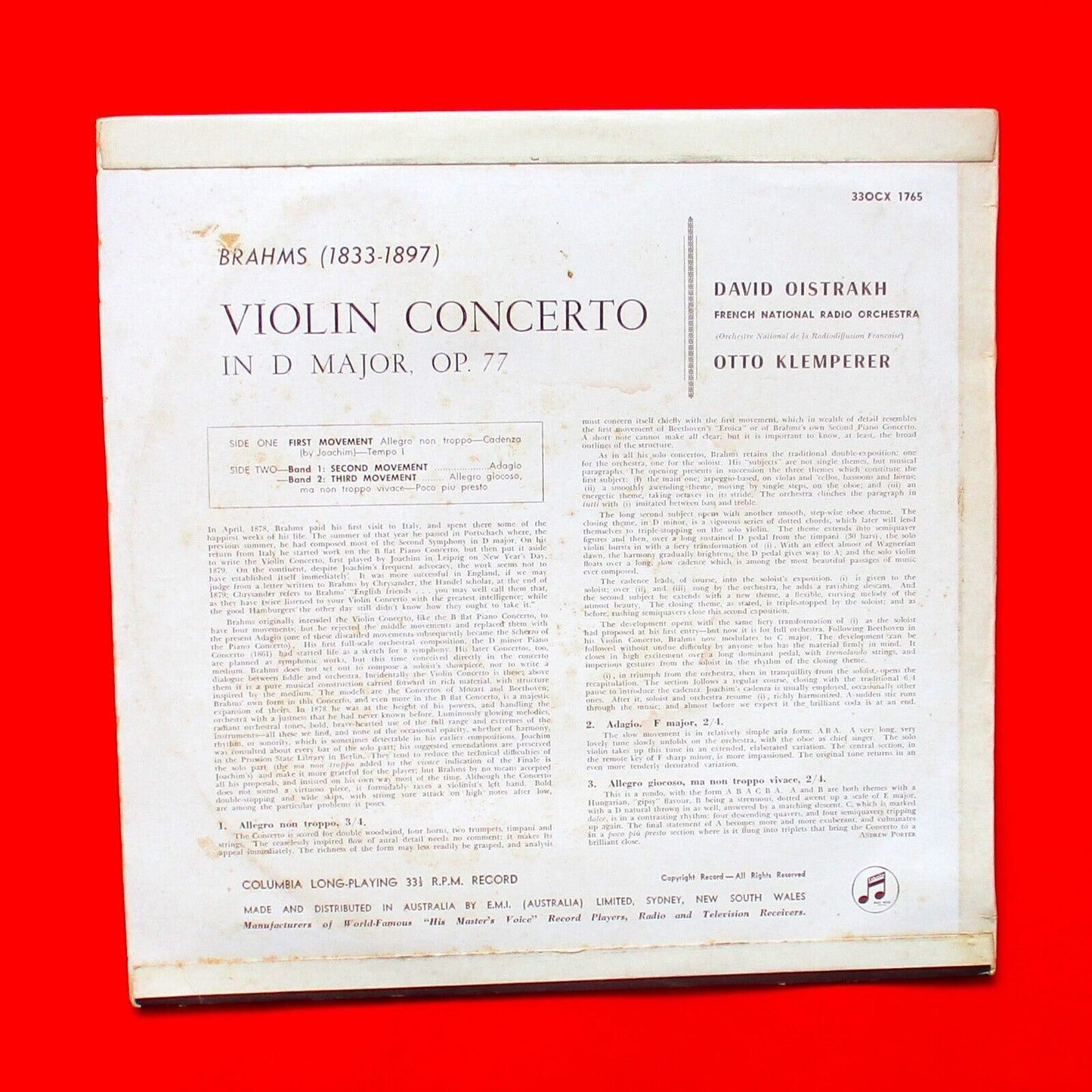 David Oïstrakh Otto Klemperer Brahms Violin Concerto LP Australian Mono