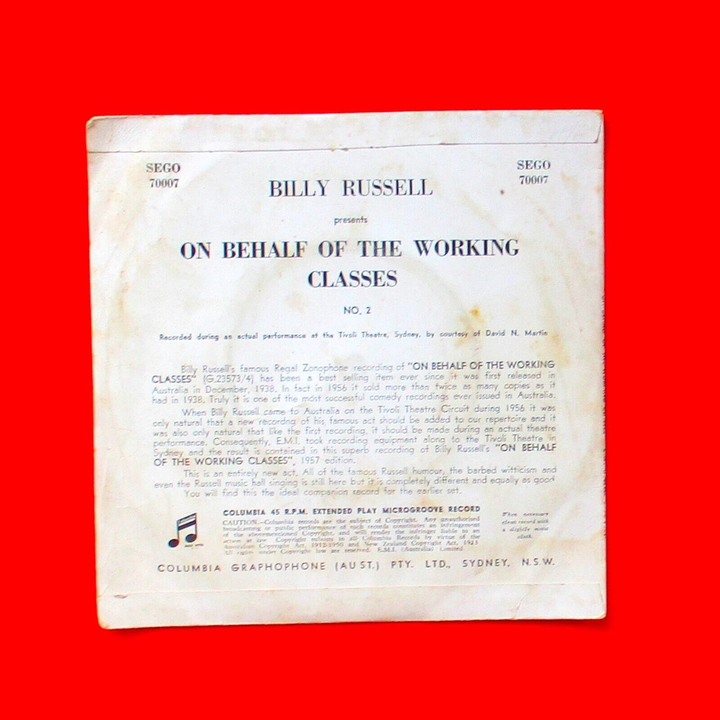 Billy Russell On Behalf Of The Working Classes No. 2 Vinyl EP 7" 1957 Australian