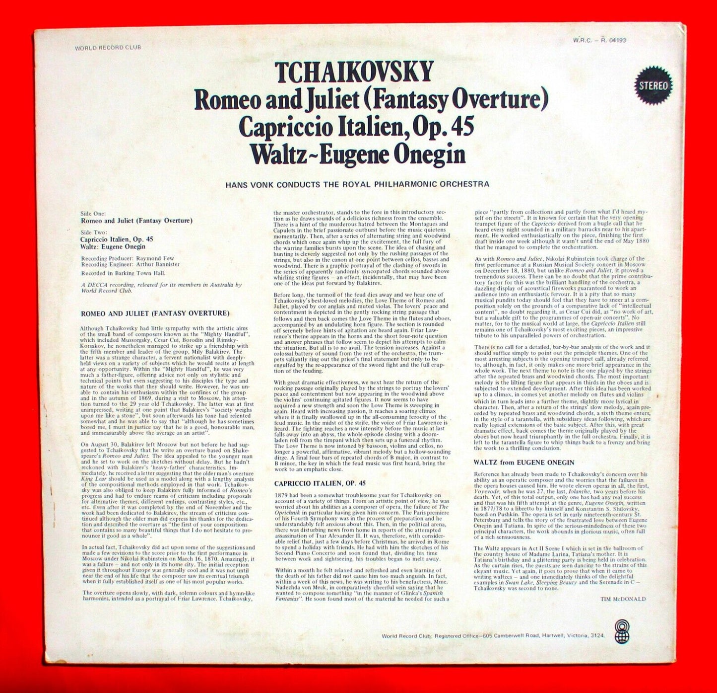 Tchaikovsky Romeo & Juliet, Op. 45 and Waltz Eugene Onegin Vinyl Album LP