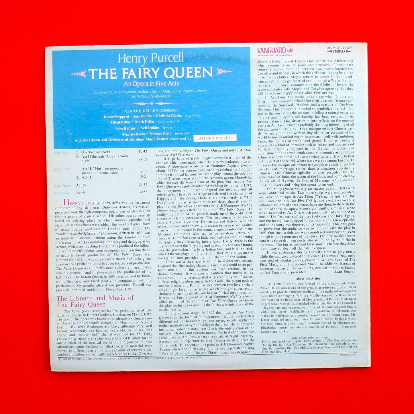 Henry Purcell The Fairy Queen (An Opera In Five Parts) 1972 Double Vinyl Album