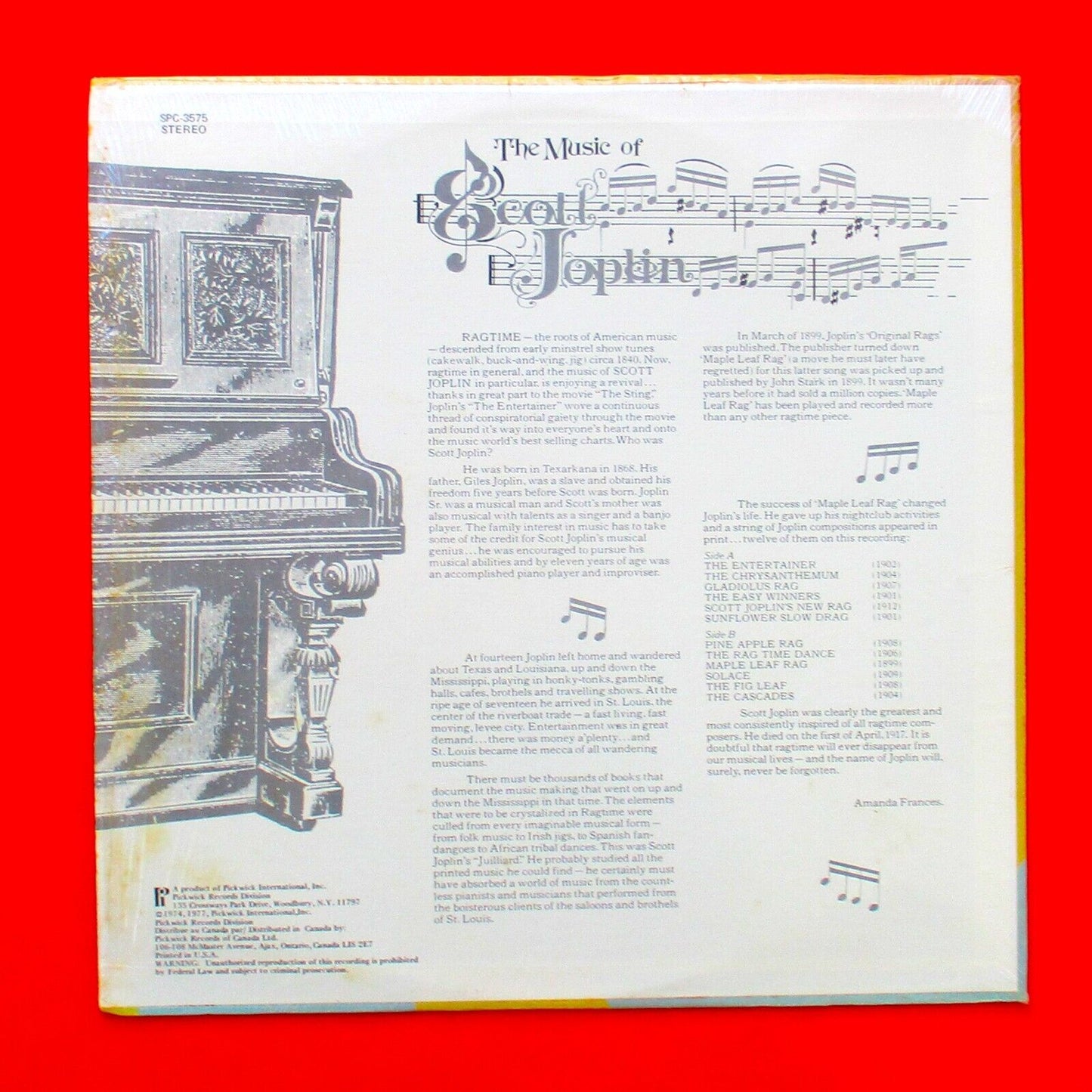 Dick Wellstood ‎The Music Of Scott Joplin Vinyl Album LP Jazz The Entertainer