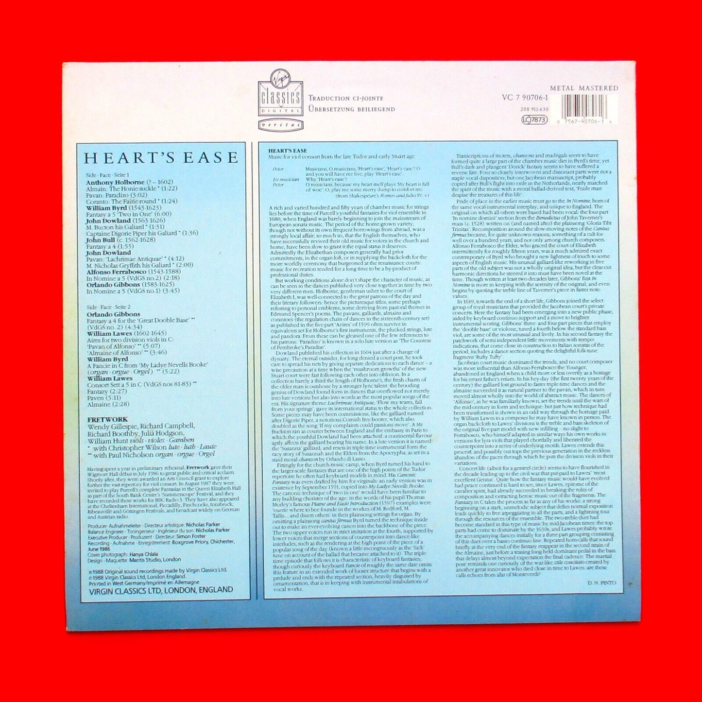 Heart's Ease Music For Viol From The Late Tudor And Early Stuart Age LP 1988