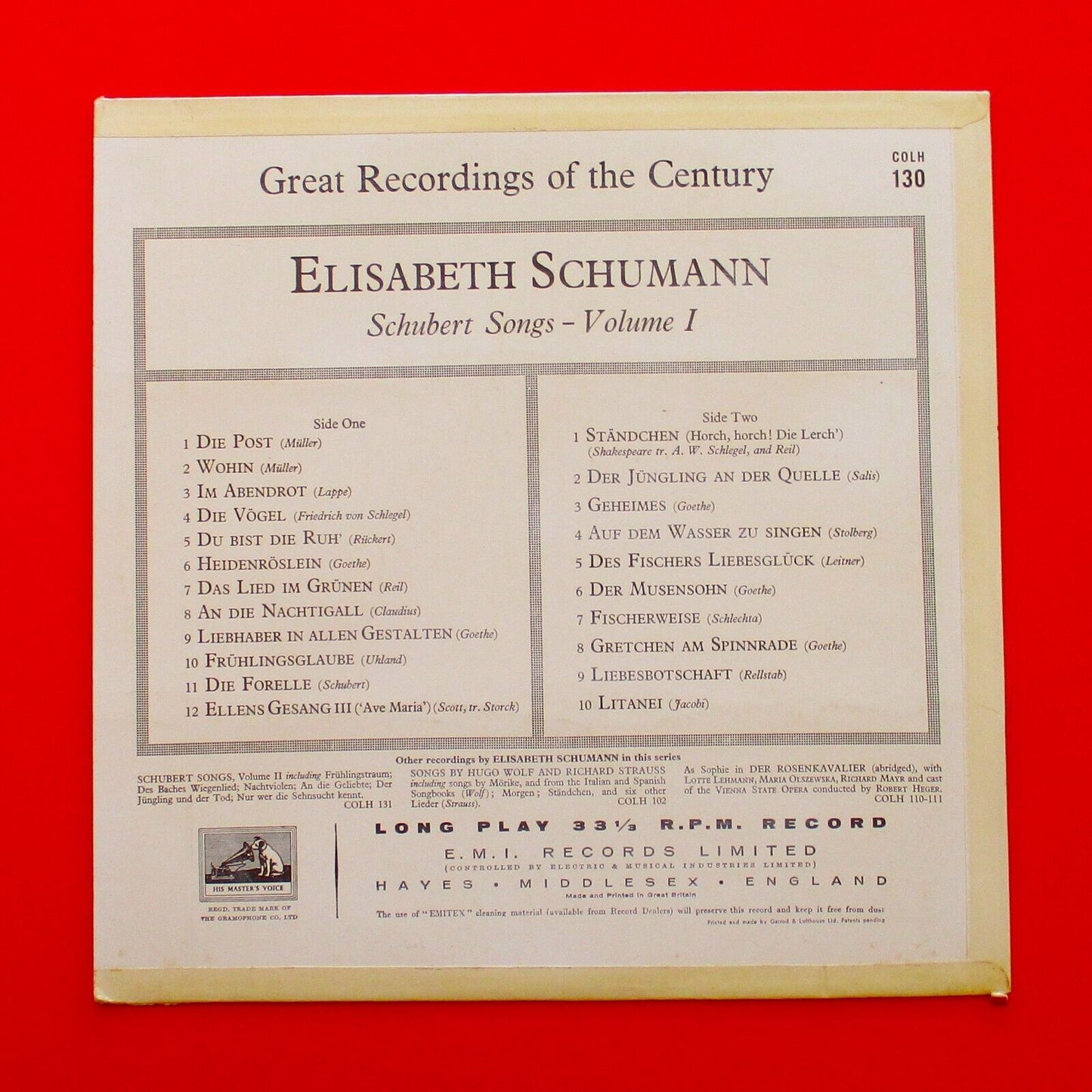 Elisabeth Schumann ‎Schubert Songs Volume 1 Vinyl Album LP 1962 Classical