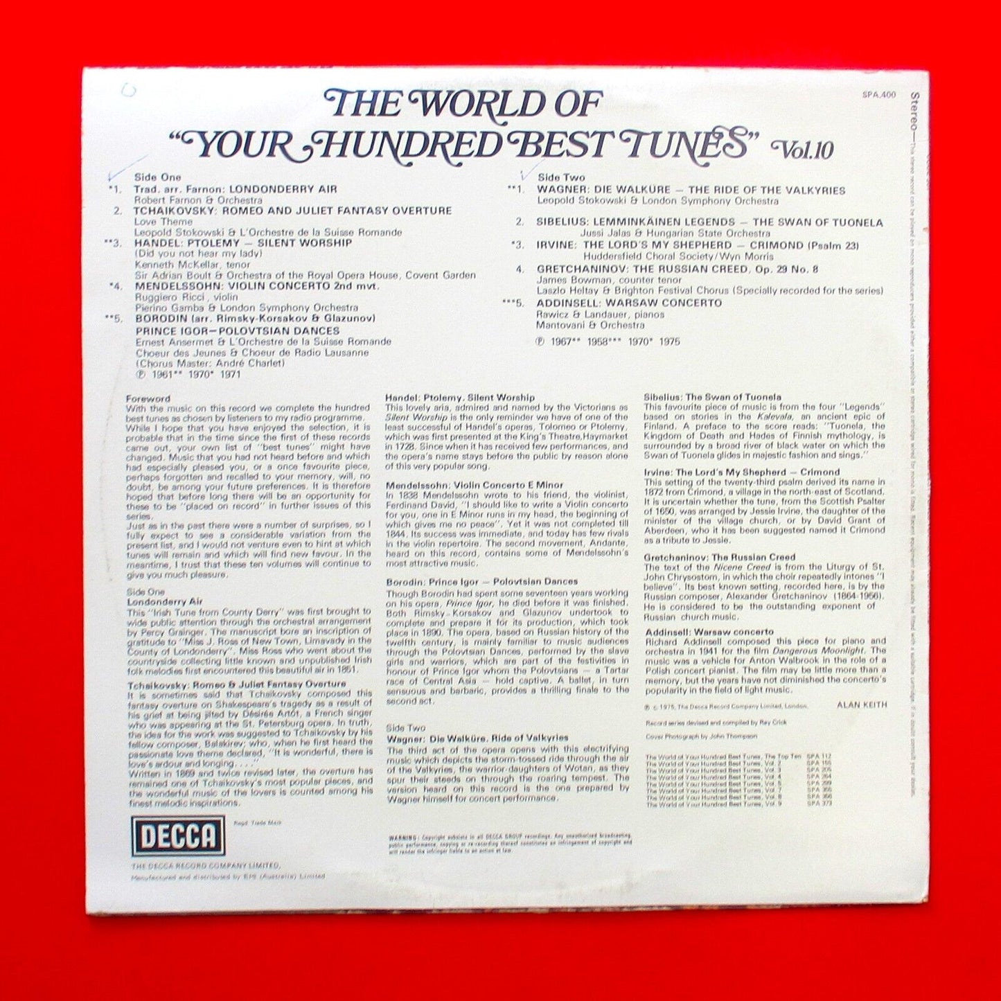 The World Of Your Hundred Best Tunes Vol. 10 Vinyl Compilation LP Classical 1975