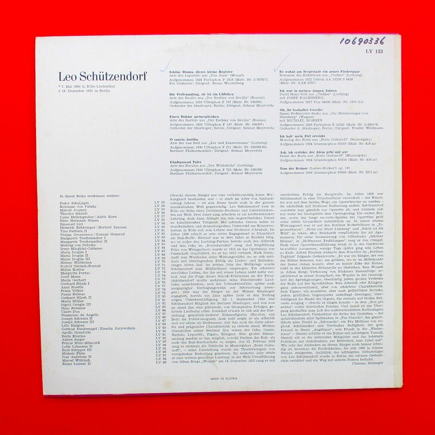 Leo Schützendorf ‎Living Past Vinyl Album LP Classical Opera