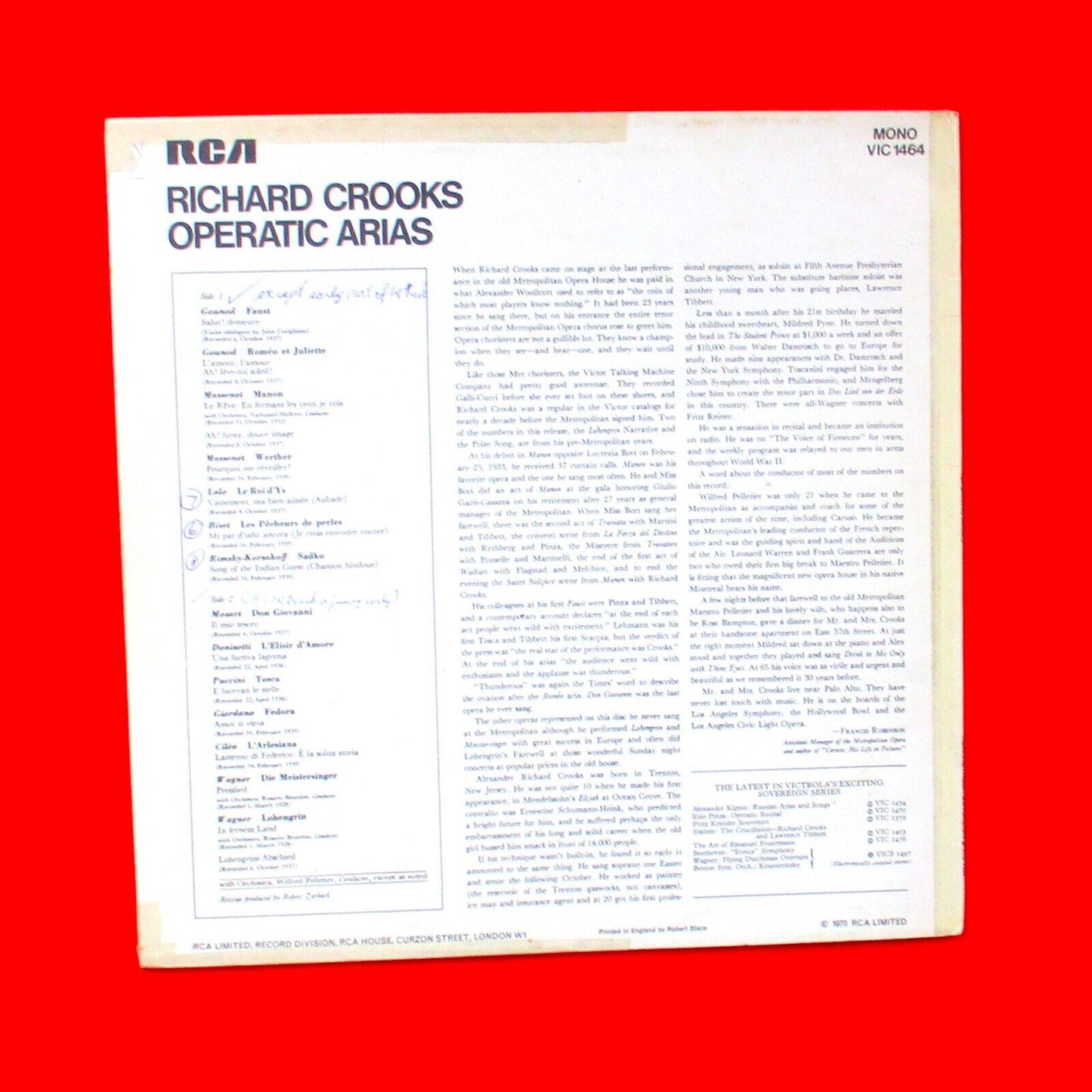 Richard Crooks Operatic Arias Vinyl Album LP 1970 UK Classical