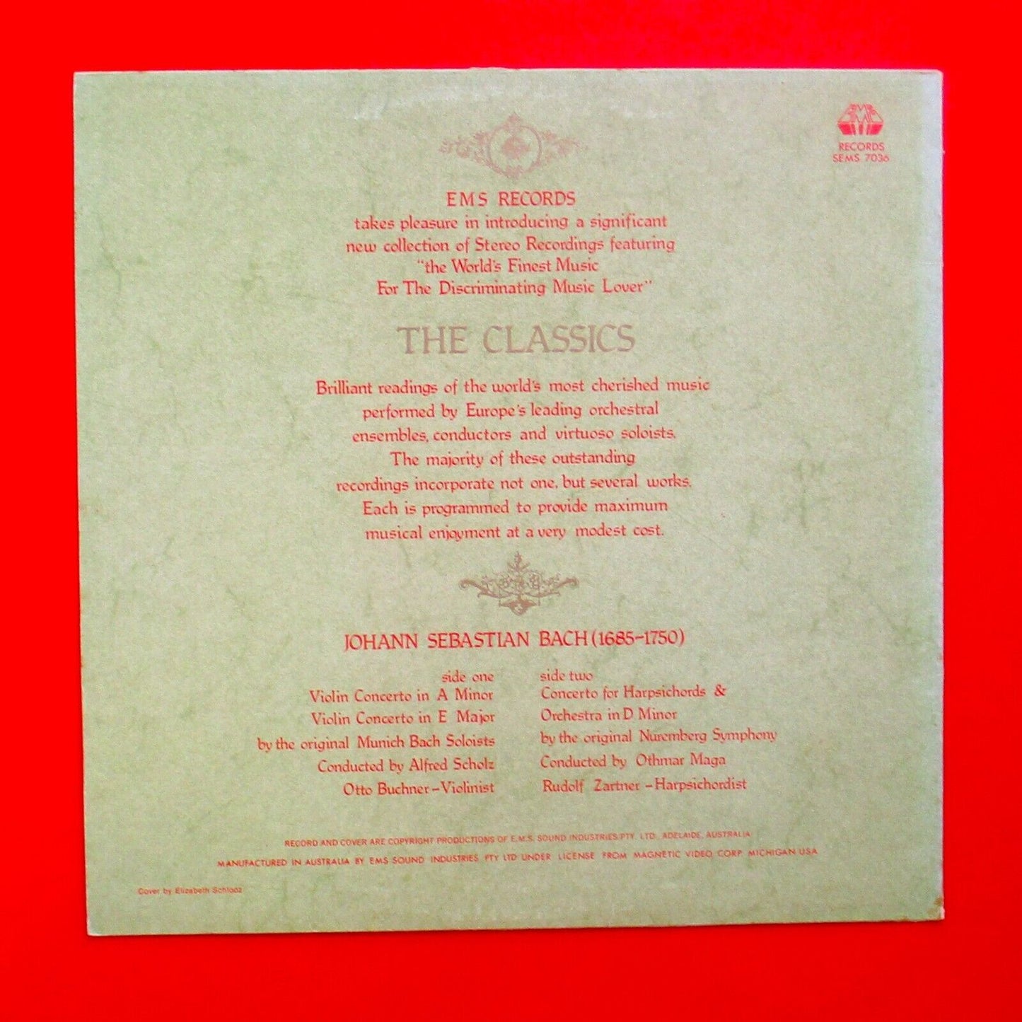 Johann Sebastian Bach ‎The Classics Vinyl Album LP 1979 Australian EMS