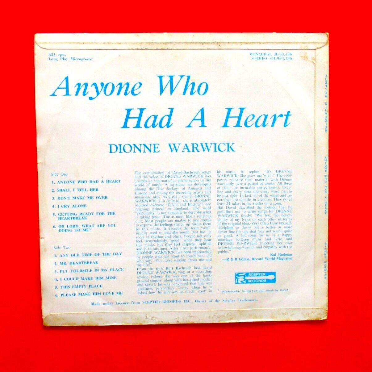 Dionne Warwick ‎Anyone Who Had A Heart Alt Civer Vinyl LP 1968 Australian