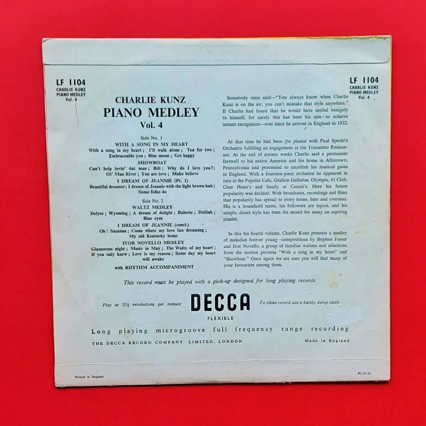 Charlie Kunz ‎Piano Medley Volume 4 Vinyl 10" LP 1957 UK Press