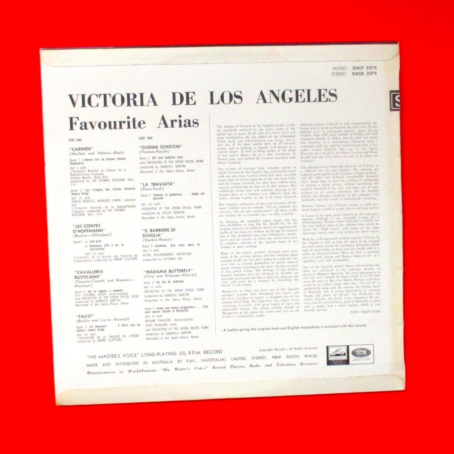 Victoria De Los Angeles ‎Favourite Arias Vinyl LP HMV Australian with Insert
