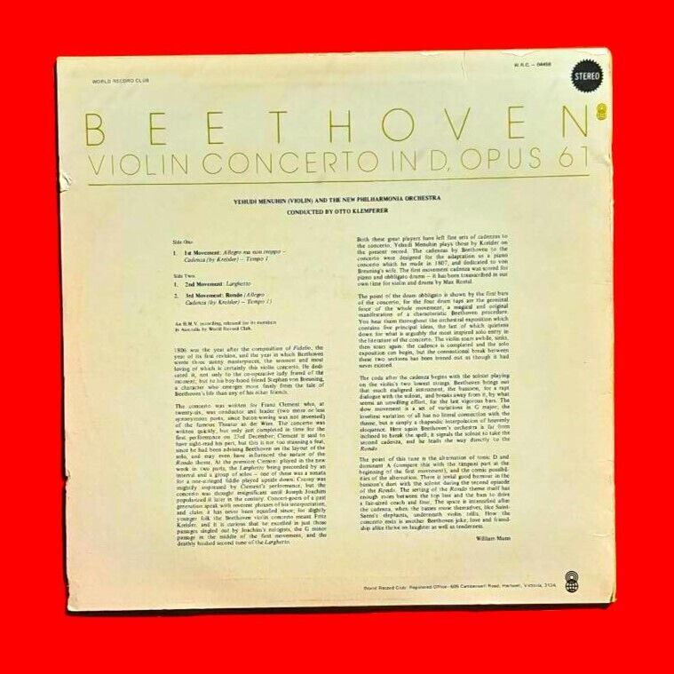 Beethoven Violin Concerto In D, Opus 61 Vinyl Album LP 1979 Australian Pressing