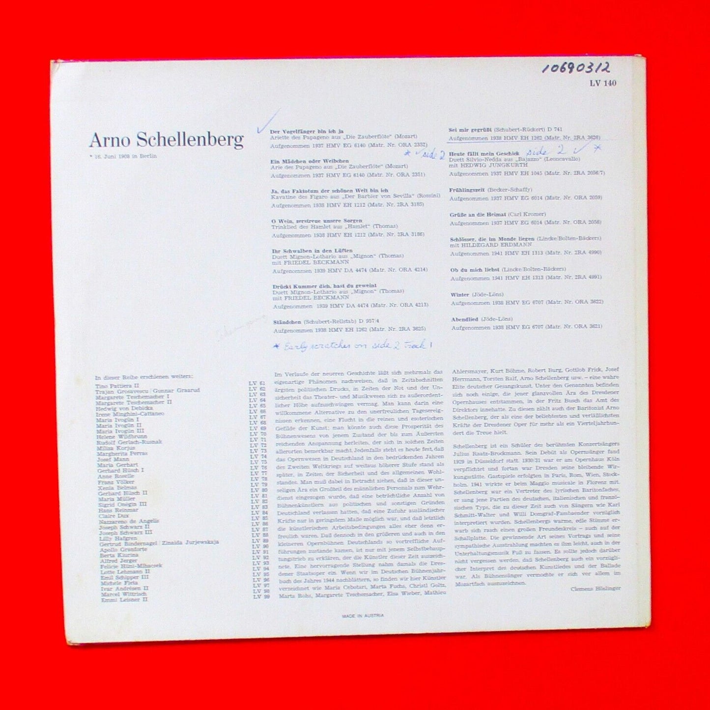 Arno Schellenberg  Lebendige Vergangenheit Vinyl Album LP Baritone