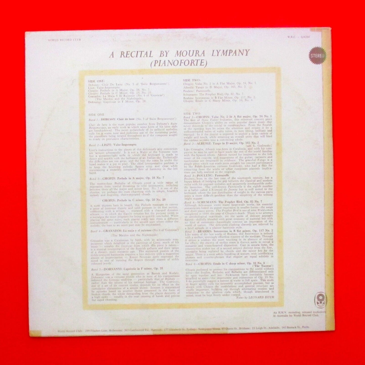 Moura Lympany A Piano Recital Vinyl Album LP 1969 Australian Renior Cover