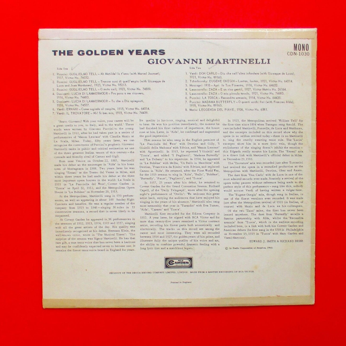 Giovanni Martinelli ‎Golden Years Vinyl Album LP UK Mono