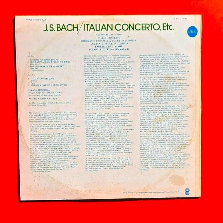Bach Italian Concerto, Etc Vinyl Album LP 1972 Australian Pressing