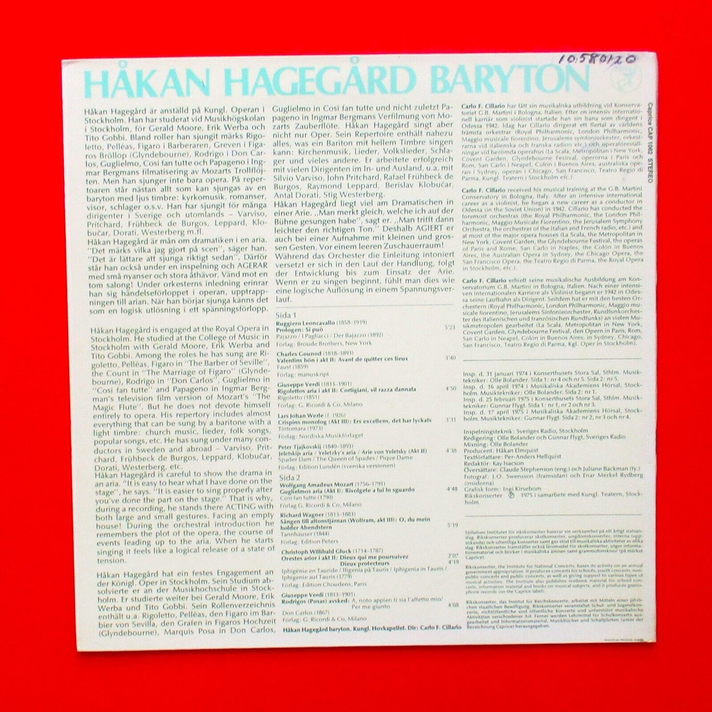 Håkan Hagegård, Baryton Vinyl Album LP 1975 Classical Swedish Press