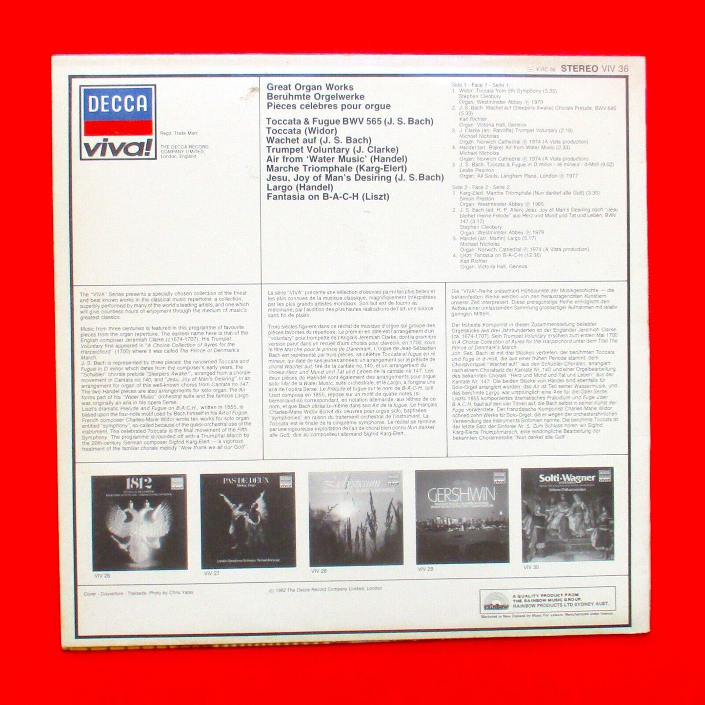 Bach Clarke Elgert Widor Various Toccata - Great Organ Works LP 1982 New Zealand
