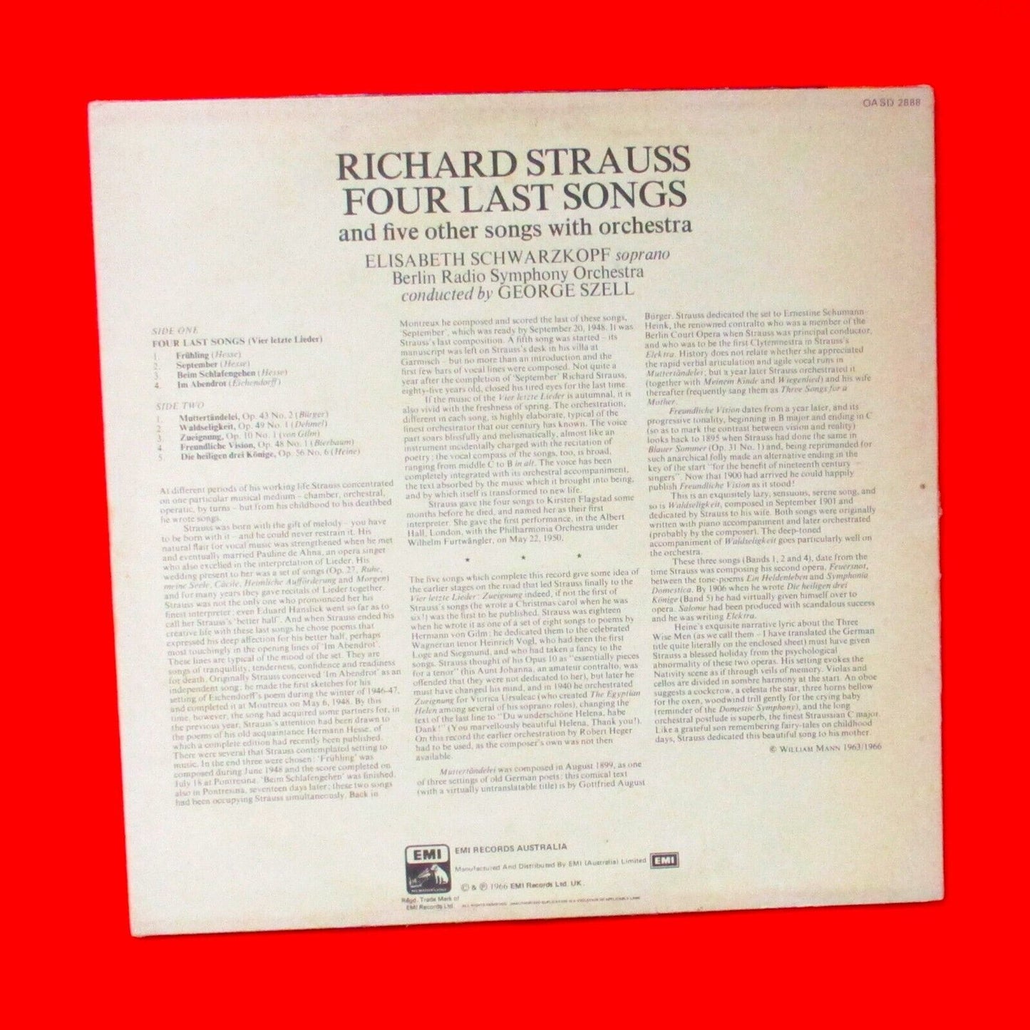 Richard Strauss Elisabeth Schwarzkopf Four Last Songs Vinyl Album LP Australian