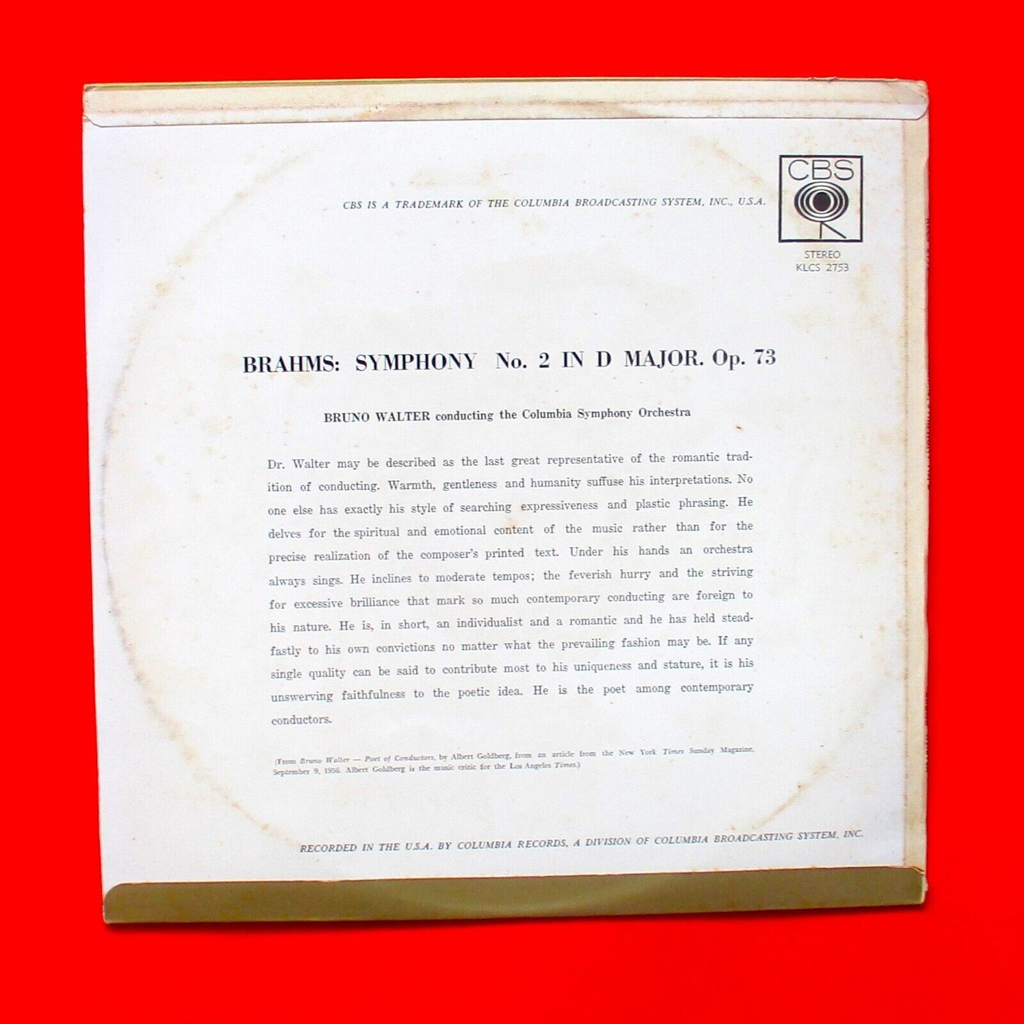 Brahms Bruno Walter Symphony No.2 Vinyl Album LP Australian Classical