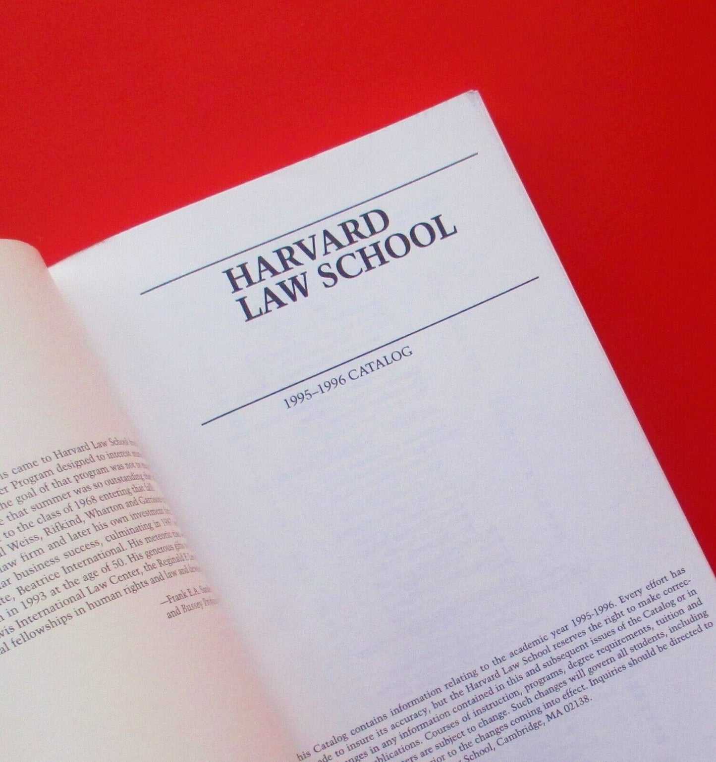Harvard Law School Catalog 1995 1996 Paperback