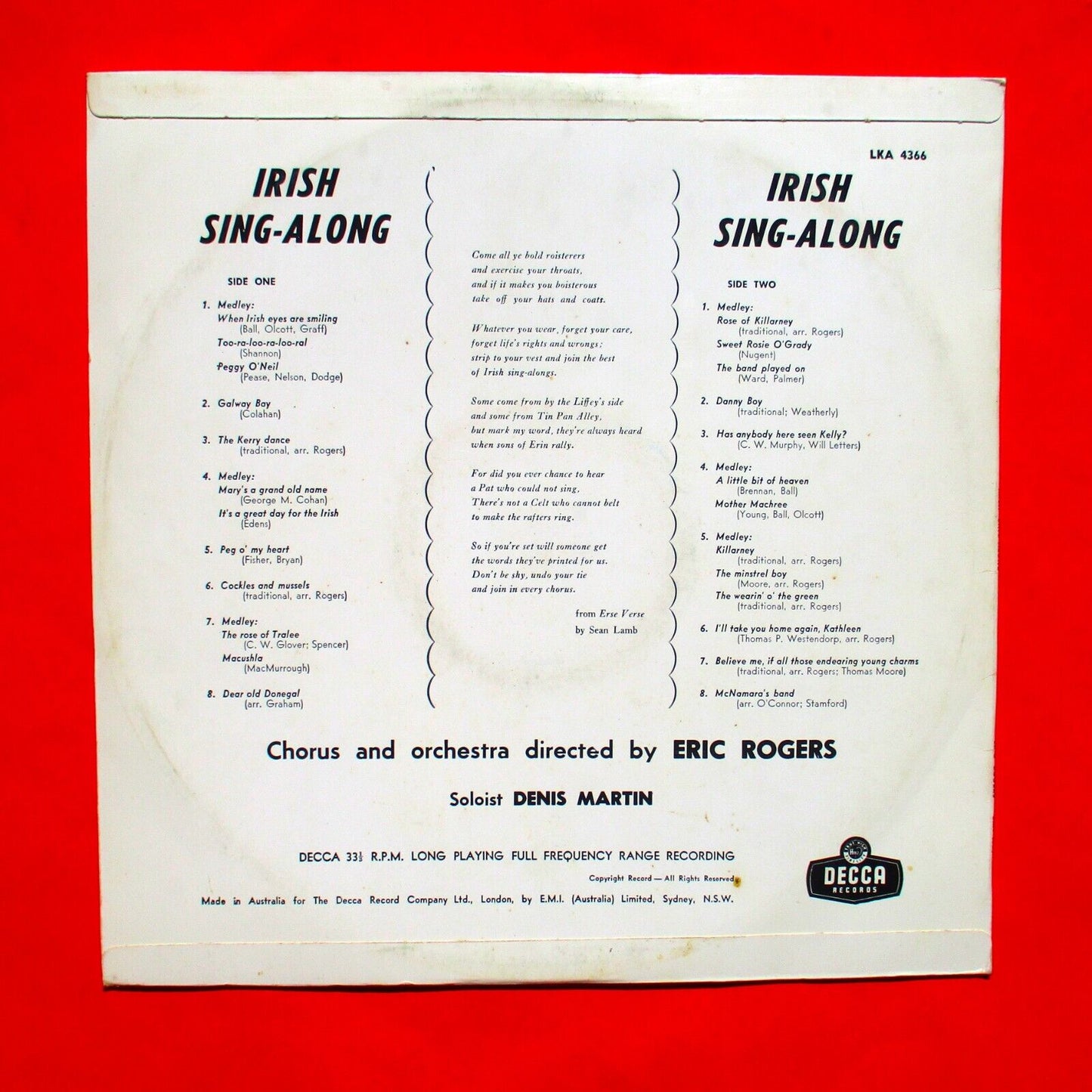 Eric Rogers Denis Martin ‎Irish Sing-Along 1960 Vinyl Album LP