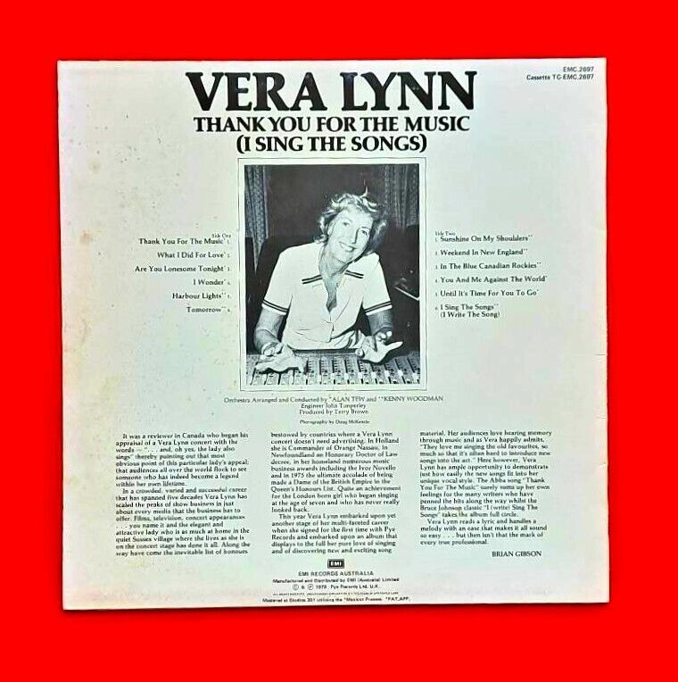 Vera Lynn ‎Thank You For The Music (I Sing The Songs) Vinyl LP 1979 Australian
