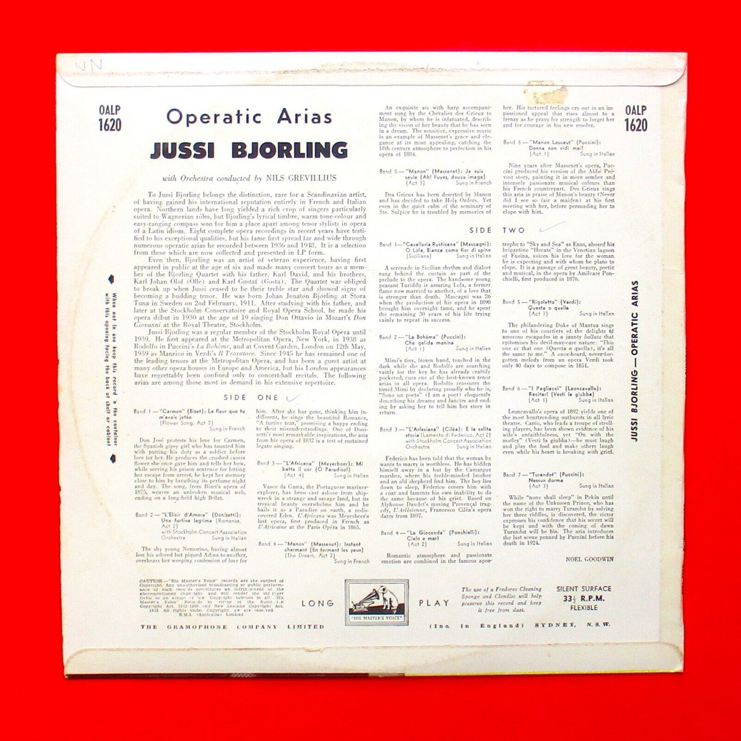 Jussi Björling ‎Operatic Arias Vinyl Album LP 1959 Australian
